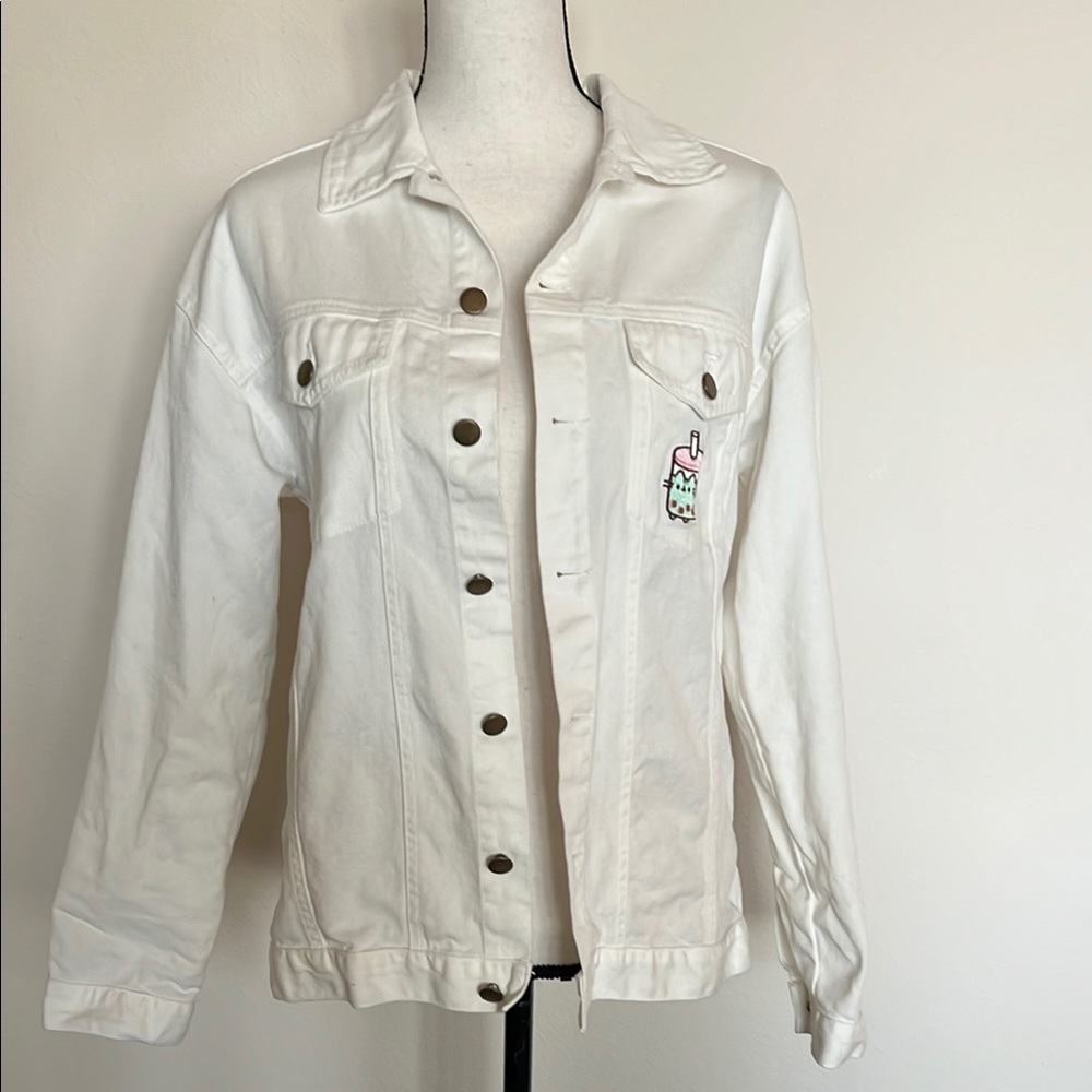 Pusheen White Denim Jacket with Boba Patch - S/M